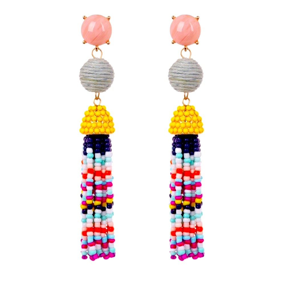 BaubleBar Catalina fun colorful beaded earrings long dangle tassel pink stones